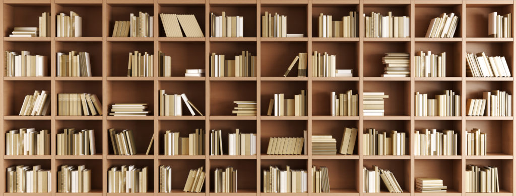 a wide, beautiful bookcase with books in every shelf