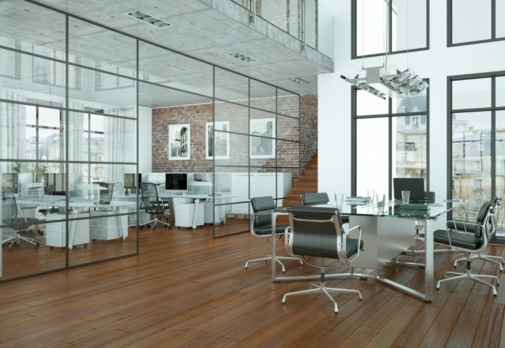 beautifully modern office space with glass partitions