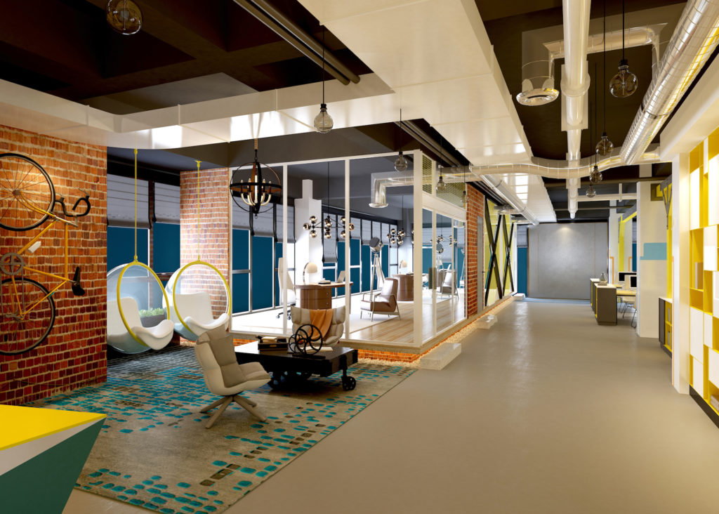 modern working office with efficient colorful walls and carpeting to enhance productivity 