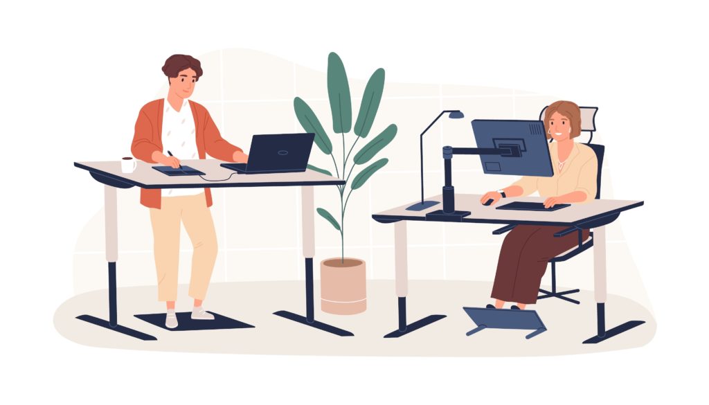 Illustration of people using ergonomic office furniture at work