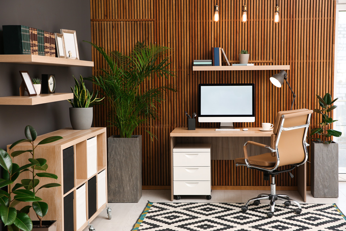 An El Paso office space with plants and brown furniture.