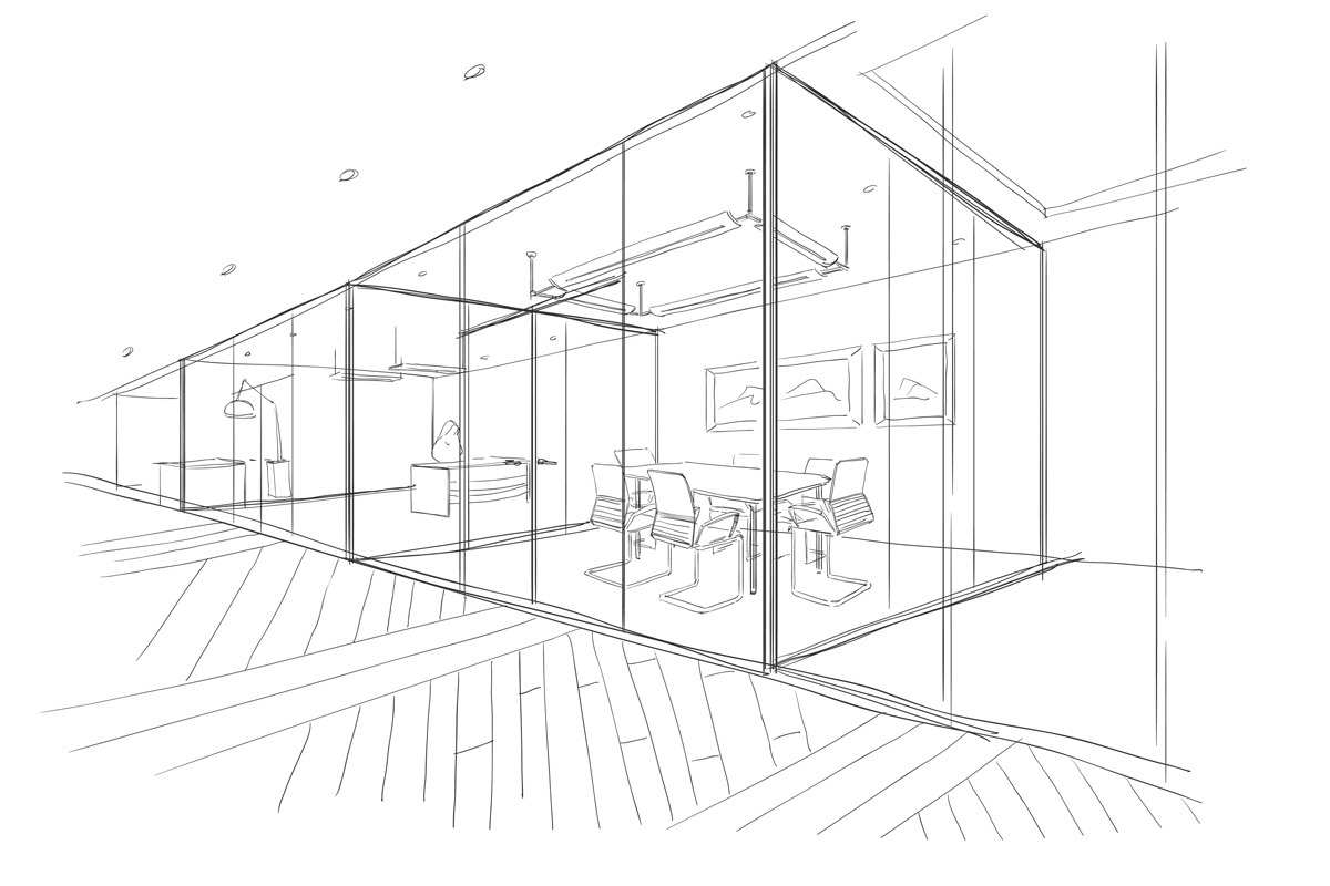 A white and black sketch of an office space in El Paso.