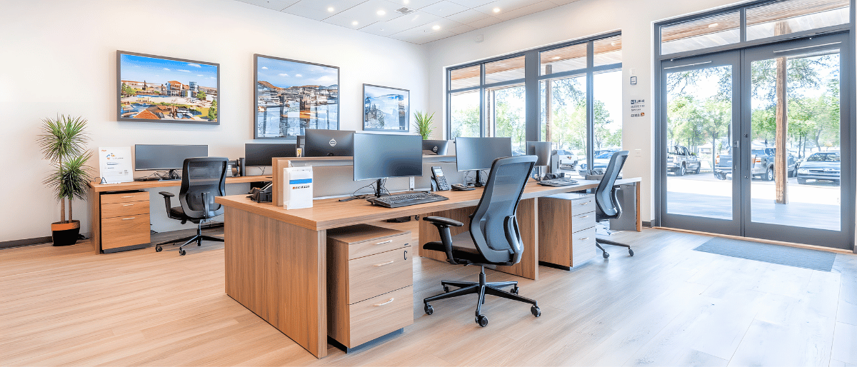 An office space with several work stations