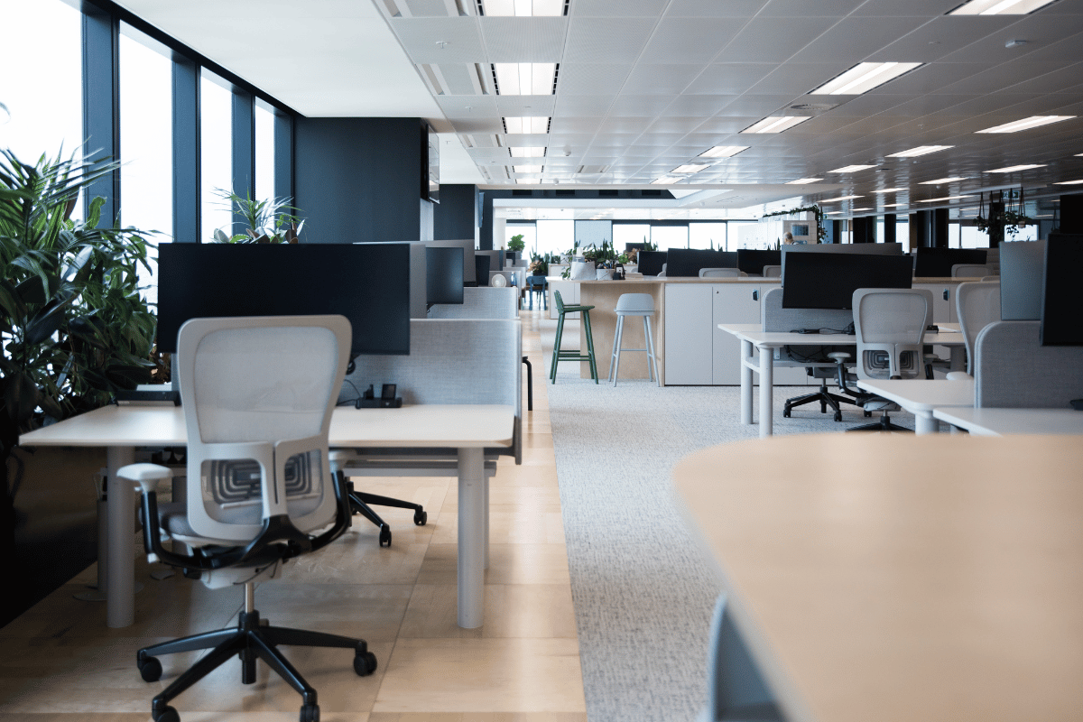 An office space with furniture